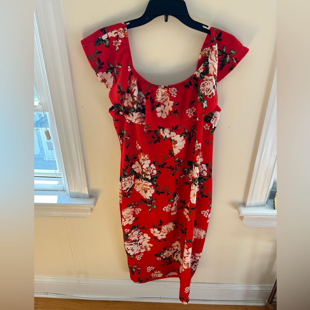 RAINBOWSHOPS Red Spring/Summer Floral off the shoulder bodycon dress